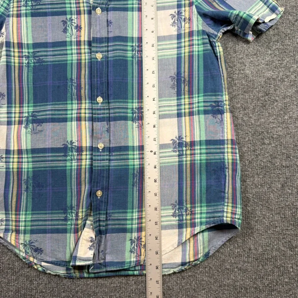 Ralph Lauren Button Down Boy L 14-16 Blue Green Plaid Palm Tree Short Sleeve